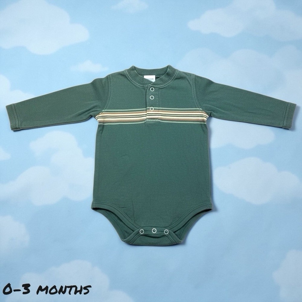 VTG 90s Baby Bodysuit Green 0-3‎ Striped Henley Bodysuit 100% Cotton Long Sleeve
